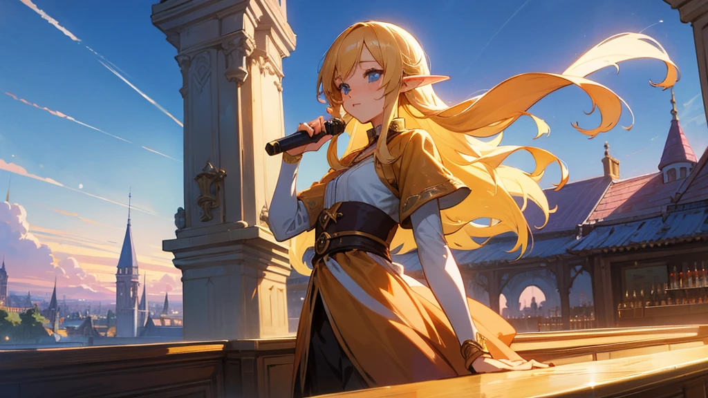 Anime Style,Nostalgic,Detailed background,Magical World,A lively bar with lots of people,Beautiful sky,Beautiful Elf with a Bard&#39;s Smile,guitar,Large Breasts,Healthy thighs