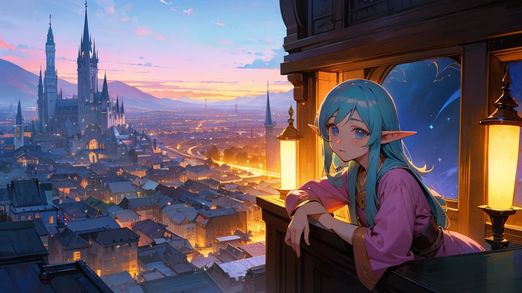 Anime Style,Nostalgic,Detailed background,Magical World,A lively bar with lots of people,Beautiful sky,Beautiful Elf with a Bard's Smile,guitar,Large Breasts,Healthy thighs