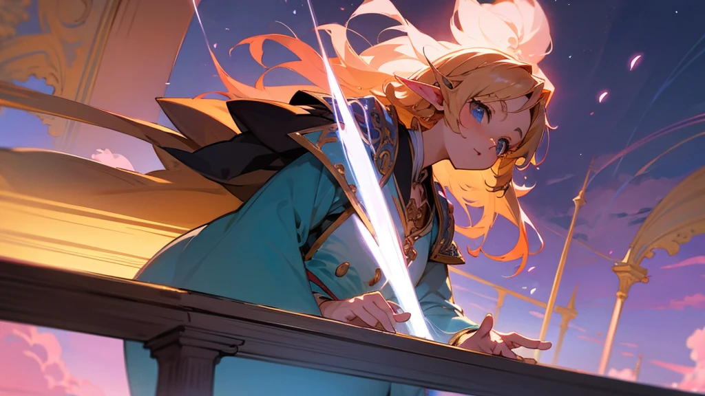 Anime Style,Nostalgic,Detailed background,Magical World,A lively bar with lots of people,Beautiful sky,Beautiful Elf with a Bard's Smile,guitar,Large Breasts,Healthy thighs
