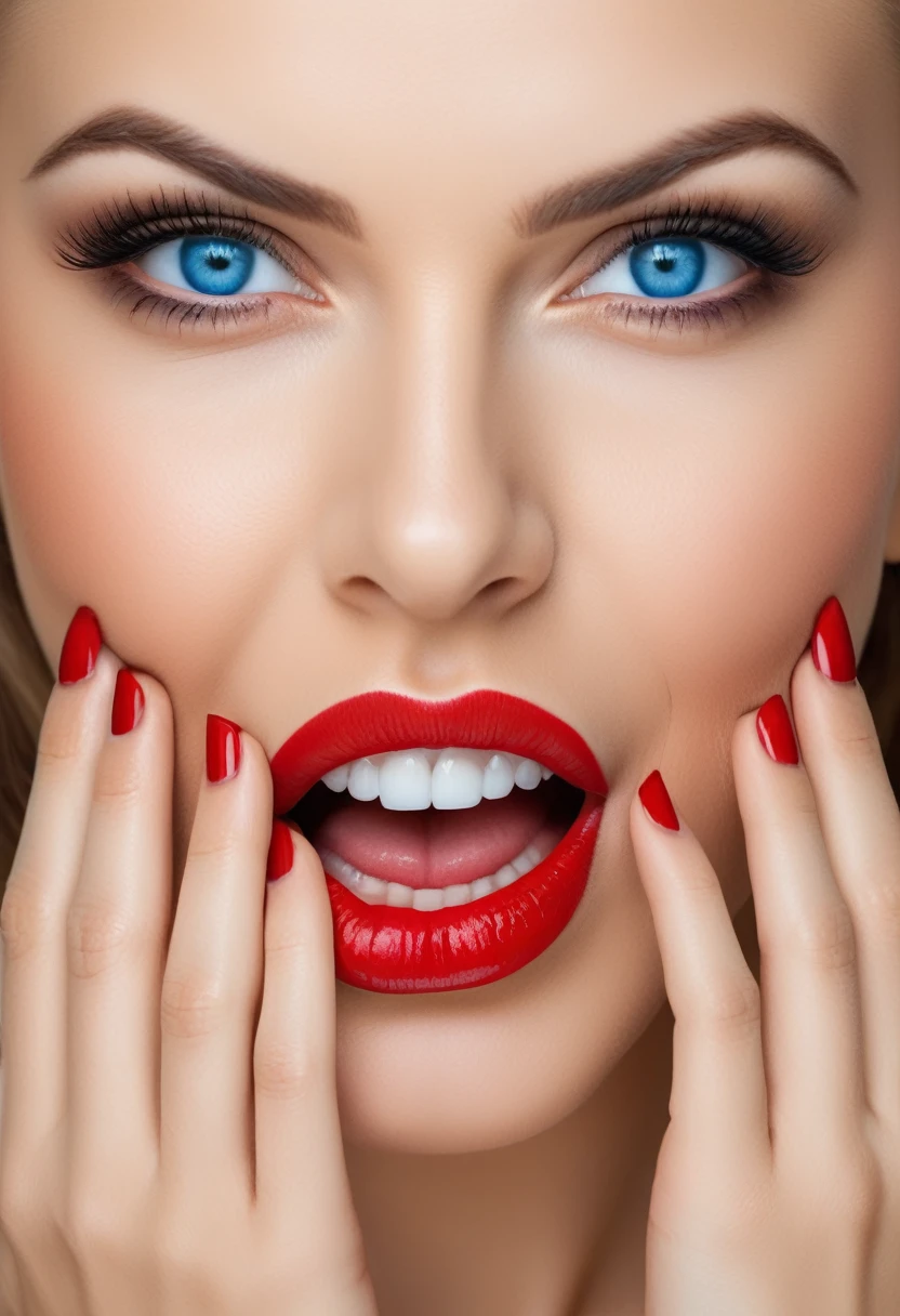 detailed woman face looking at camera, blue colored eyes, thick and warm red lips, mouth open with sensuality, fix deformed fingers, photorrealistic, sharp eyes, (((eyes to the camera))) smiling lightly