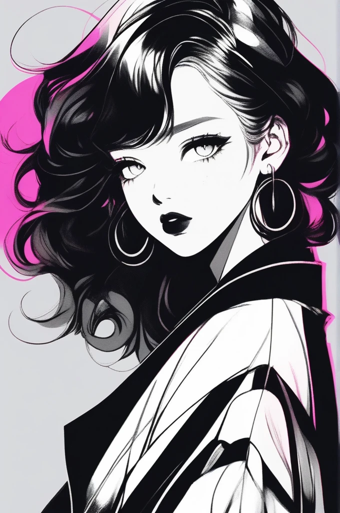(Highest quality, sketch:1.2),Realistic,Illustrator,anime,1 Girl, Detailed lips,custom, Neon Gradient, Dark Background,Neon Hair,Texture Cropping, masterpiece, Style: Retro Classic, Black Style , Japanese style, ((Monochrome))