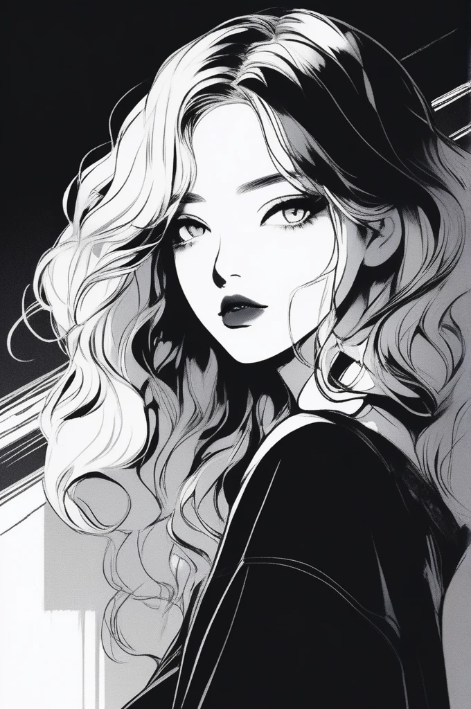 (Highest quality, sketch:1.2),Realistic,Illustrator,anime,1 Girl, Detailed lips,custom, Neon Gradient, Dark Background,Neon Hair,Texture Cropping, masterpiece, Style: Retro Classic, Black Style , Japanese style, ((Monochrome))