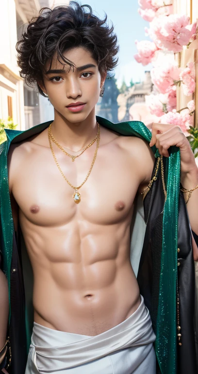 a fusion face, [/blend: Jaden smith: Michael jackson: sal mieno: Elvis presely: 1.3:], as a javanese boy teenage, 17 years old, hyperrealistic puffy wide brown dark areola, (((big pointy nipples))), smiling, detail flawless face, ultrarealistic macho, stud, manly, handsome men, detail dark brown smooth skin, slim waist, 6 pack abs, blonde hair, green eyes, ultra detail, nude, wear shiny sparkling Swarovski pendant crystal amullet, gold, agate and black pearl bead necklace, morning bright sky in the back ground, flower jasmine garden in the background, dramatic god ray lighting, masterpiece,  hyper realistic, ultra detail picture, 16k, uhd, 