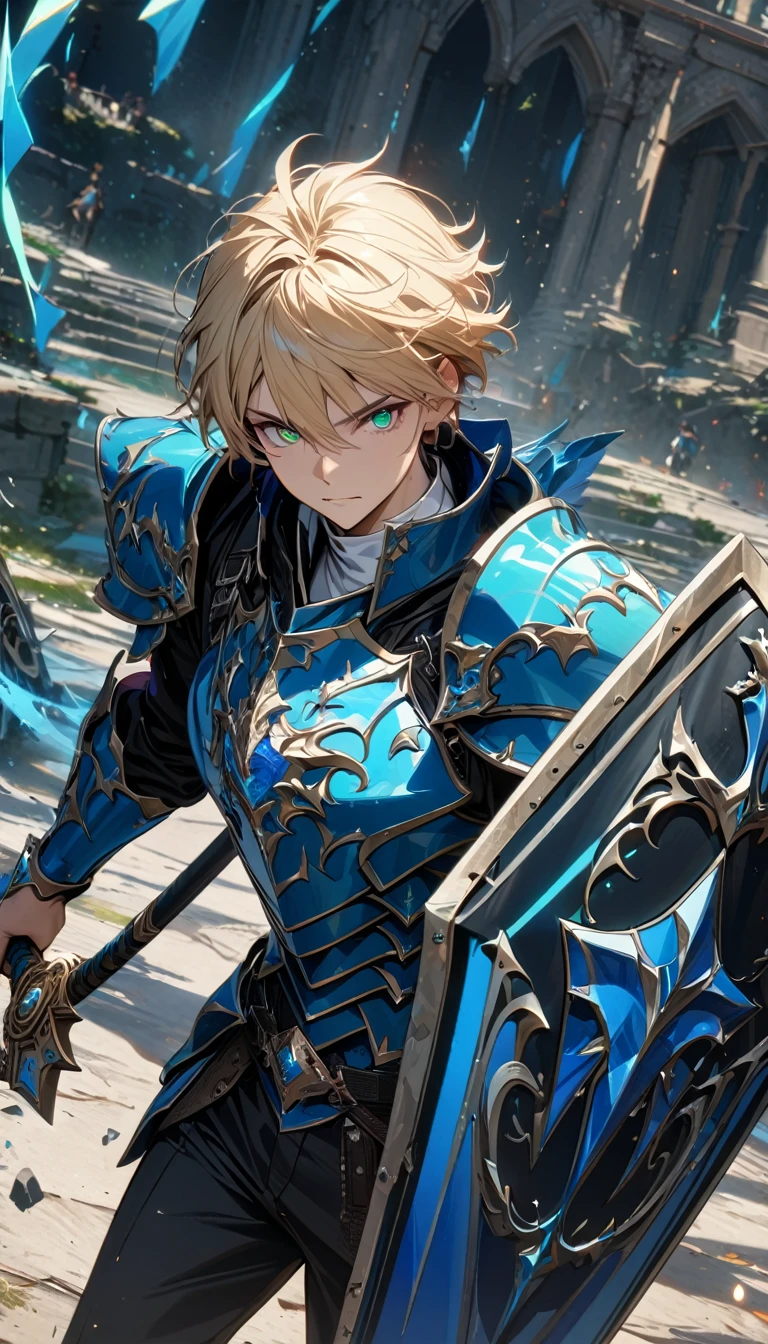 Adult guy, short blonde hair, blue and green eyes, multi-colored eyes, white T-shirt, black pants, turquoise knight armor elements, paladin magic, sword, shield, Masterpiece, best quality, Full HD, 8k, ultra details, great graphic