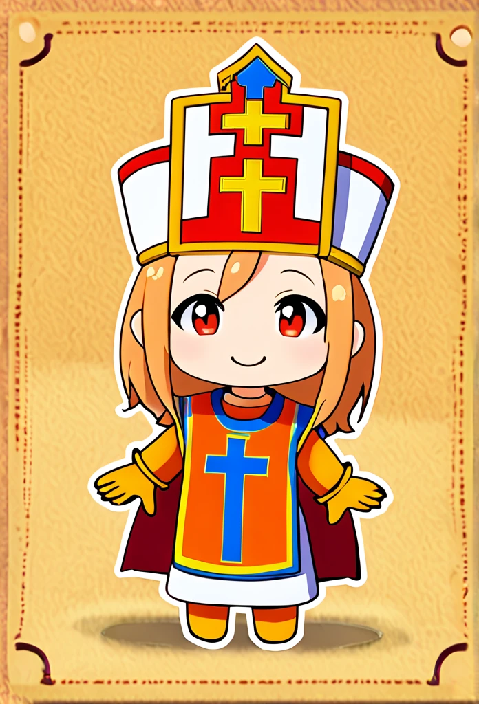 score_9, score_8_up, score_7_up, chibi, solo, 1girl, dq3priest, smile, mitre, orange bodysuit, tabard, yellow gloves 