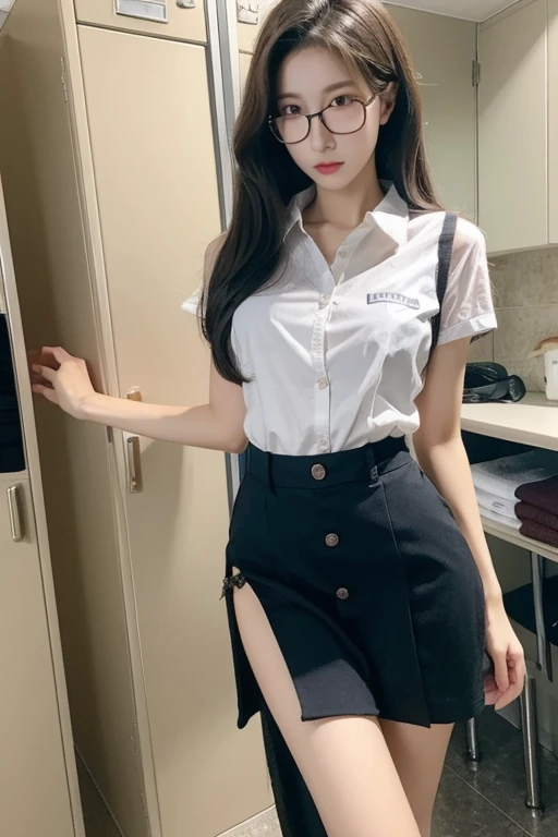 Highest quality、masterpiece、High sensitivity、High resolution、Detailed Description、Slender women、Slim Body、Glasses、In the locker room、Changing clothes、Work uniform、