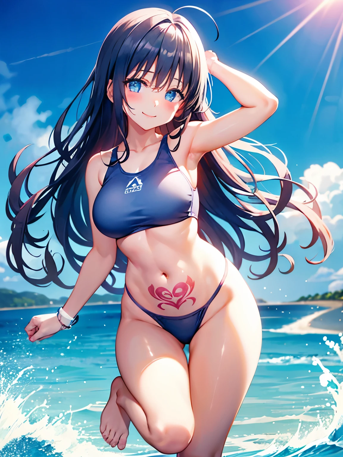 Only one woman、Pale pink school swimsuit、Yuri hair ornaments、Beautiful feet、Big Breasts、Blue Eyes、Silver Hair、Left wrist Sports Watches、smile、Thighs Tattoo、Seaside Sunset、Armpit showing pose Are standing Wiggle your hips、barefoot