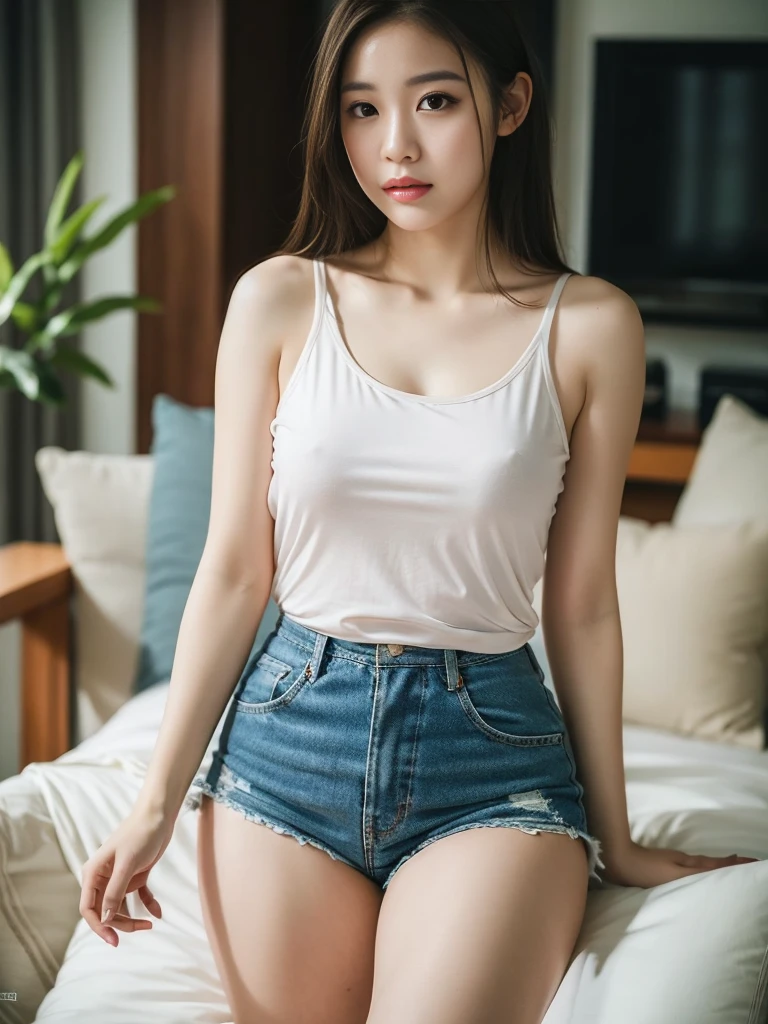 Superb, Masterpiece, Ultra High Quality, Realistic, Girl, (Beautiful Face 1.4), (Big, Constricted Waist), Long Hair, Indoors, Bokeh, Milight, Glossy Skin, Small Head, Sleeping with Two