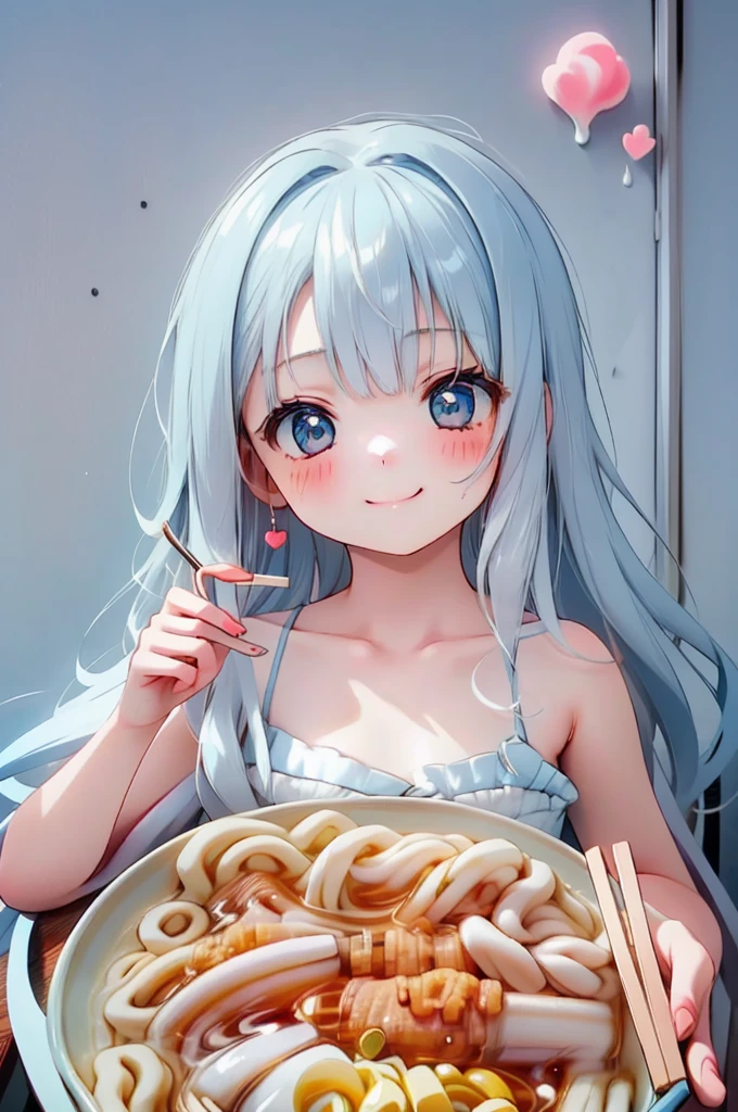 masterpiece, best quality, extremely detailed, (illustration, official art:1.1),adorable face、 1 girl ,(((( light blue long hair)))),pale blue hair,, long hair、 ((blush)) , cute face, big eyes, masterpiece, best quality,(((((a very delicate and beautiful girl))))),Amazing,beautiful detailed eyes,blunt bangs((((little delicate girl)))),tareme(true beautiful:1.2), sense of depth,dynamic angle,toddler,, affectionate smile, (true beautiful:1.2),,(tiny 1girl model:1.2),)flat chest、,solo,1girl,long skirt,ramen,chopsticks,eating, ,kitsuneudon,sitting in dining table,, closed mouth,, drinking glass, eating, heart, happy, ,(((udon))), Japanese style rooms, noodles,midjourney, food,chibi