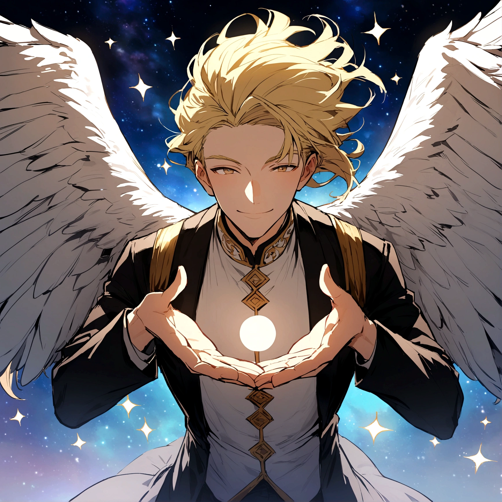 A blonde haired, handsome man with massive, gray feathered wings on his back, smiling, a ying+yang symbol floating above his palms