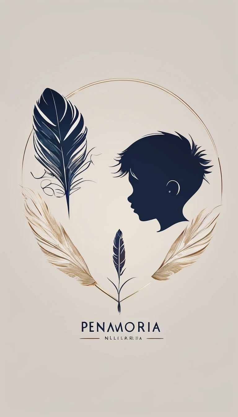A minimalist, fantastic, poetic, dreamy, captivating, memorable, masterpiece, modern, simple logo design of a boy and a feather for the brand “Penamemoria". The logo must convey a sense of music, stories and dreams. Minimalistic logo design of a boy and a feather.