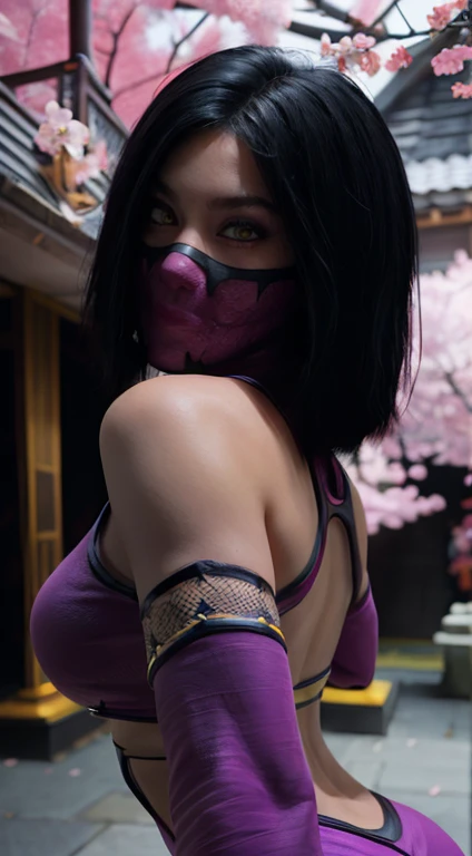 (high quality photo, ultra realistic, 8k, Seductive portrait of (the thousandth), mortal kombat), close up photography, portrait, (the thousandth wearing demon mask), super beautiful with angry expression, bright pink eyes, photo taken close up, normal hands, detailed fingers, Masterpiece, (realistic 8k, photorealistic: 1.37), detailed realistic, 1 girl, super straight shoulder length short hair: 1 .5, black fur: 1.2, ojos rbright Eyes: 1.5, bright Eyes, ((the thousandth from Deadly Game kombat)), ninja wearing demon mask, Weapons, kimono, dress, Purple Warrior Micro Swimsuit, ((mortal kombat)), big and long breasts, Fighting stance with legs spread, flexible body, curved body, serene look, Temple, meditation, Apocalyptic, (ninja mask), eyes to the sky, demon mask, reflection, (photo background: shows clear officer, officer, Cherry Blossom), perfect hands, she uses sai Weapons in her hands, sexy ninja hot body,