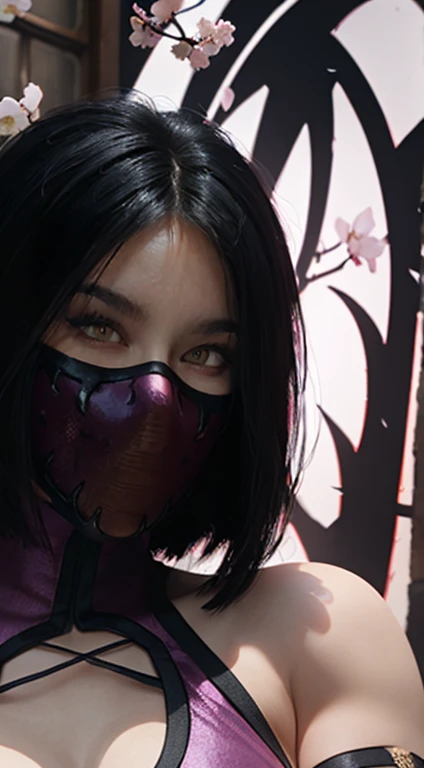 (high quality photo, ultra realistic, 8k, Seductive portrait of (the thousandth), mortal kombat), close up photography, portrait, (the thousandth wearing demon mask), super beautiful with angry expression, bright pink eyes, photo taken close up, normal hands, detailed fingers, Masterpiece, (realistic 8k, photorealistic: 1.37), detailed realistic, 1 girl, super straight shoulder length short hair: 1 .5, black fur: 1.2, ojos rbright Eyes: 1.5, bright Eyes, ((the thousandth from Deadly Game kombat)), ninja wearing demon mask, Weapons, kimono, dress, Purple Warrior Micro Swimsuit, ((mortal kombat)), big and long breasts, Fighting stance with legs spread, flexible body, curved body, serene look, Temple, meditation, Apocalyptic, (ninja mask), eyes to the sky, demon mask, reflection, (photo background: shows clear officer, officer, Cherry Blossom), perfect hands, she uses sai Weapons in her hands, sexy ninja hot body,