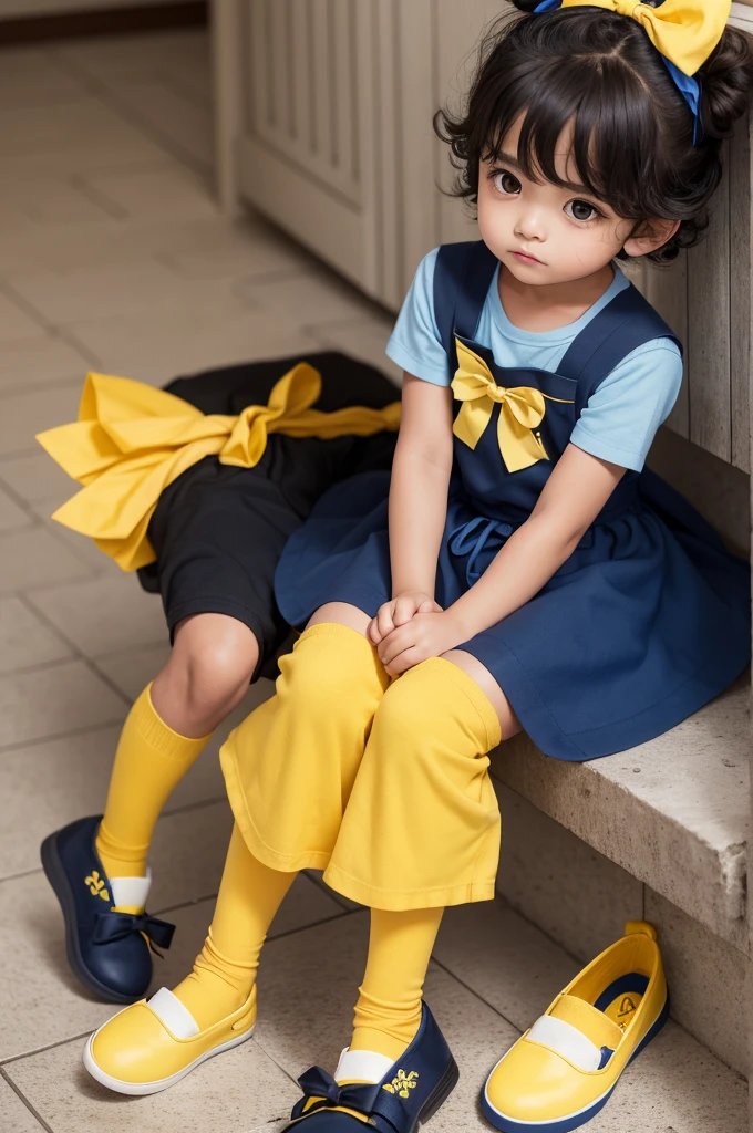 Raise a brown-eyed boy, blackquality hair, a blue bow on the head, a yellow outfit, yellow shorts, an apron, blue socks, shoes black, and a big blue bow on the back.