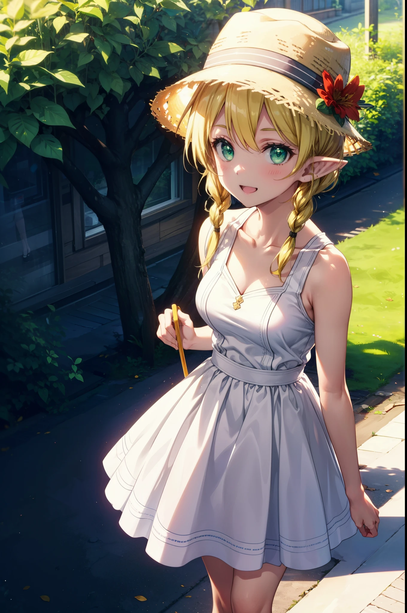 Suguhakirigaya, Suguhakirigaya, Long Hair,Blonde,Green Eyes,Pointy Ears,Short braids,,happy smile, smile, Open your mouth,Big Breasts,White straw hat,White sleeveless dress, bare arms,Green long skirt,Cute Sandals,Are standing,Clear skies,whole bodyがイラストに入るように,
break outdoors, nature, forest,
break looking at viewer, whole body,
break (masterpiece:1.2), Highest quality, High resolution, unity 8k wallpaper, (shape:0.8), (Beautiful attention to detail:1.6), Highly detailed face, Perfect lighting, Extremely detailed CG, (Perfect hands, Perfect Anatomy),
