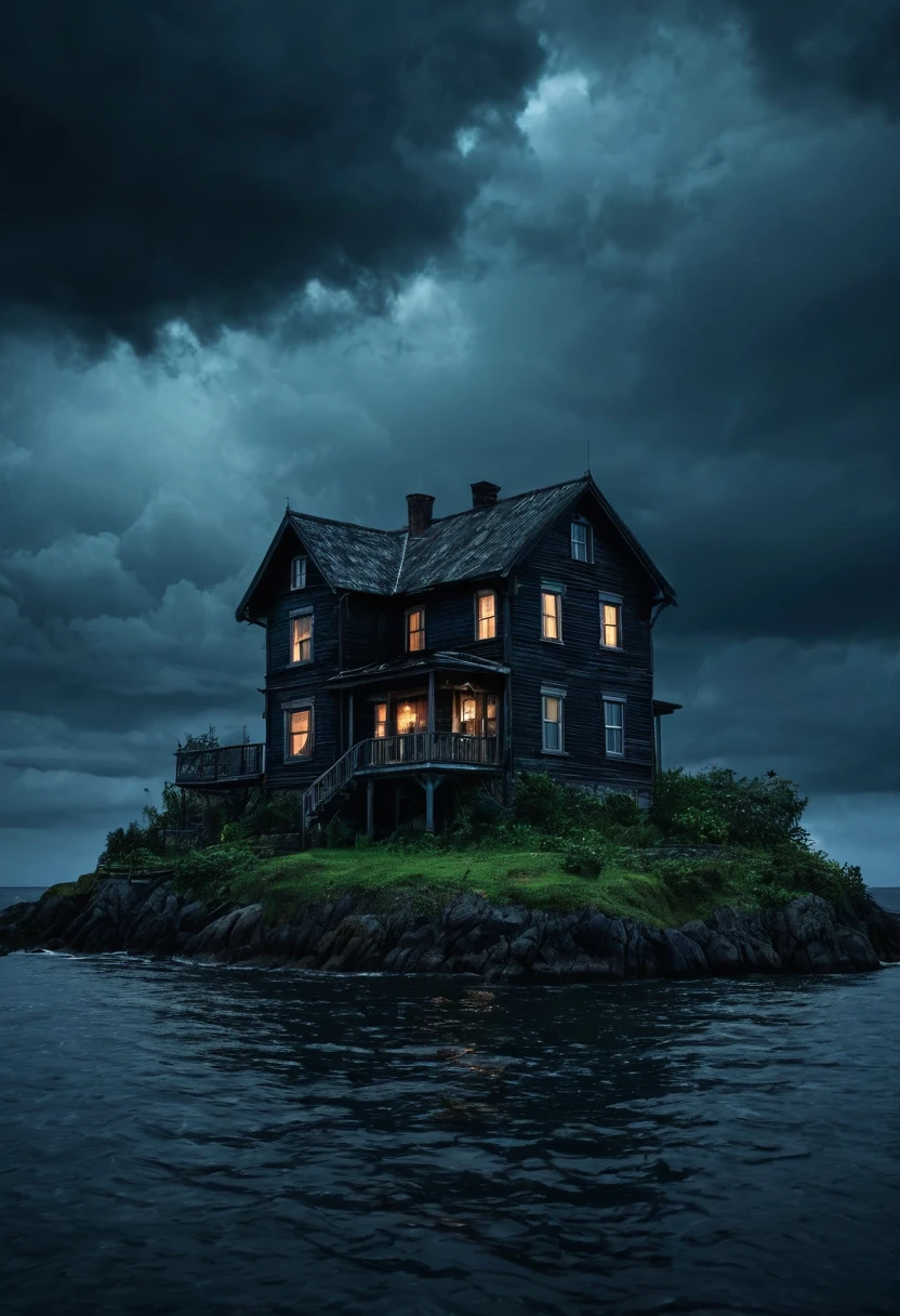 a close up of a house on a small island under a cloudy sky, location of a dark old house, moody night time scene, dark and dramatic atmosphere, dark atmosphere illustration, gloomy lighting, dark and moody atmospheric, extremely gloomy lighting, dark foreboding atmosphere, moody scene, awesome and moody, dark and moody atmosphere, dramatic and atmospheric