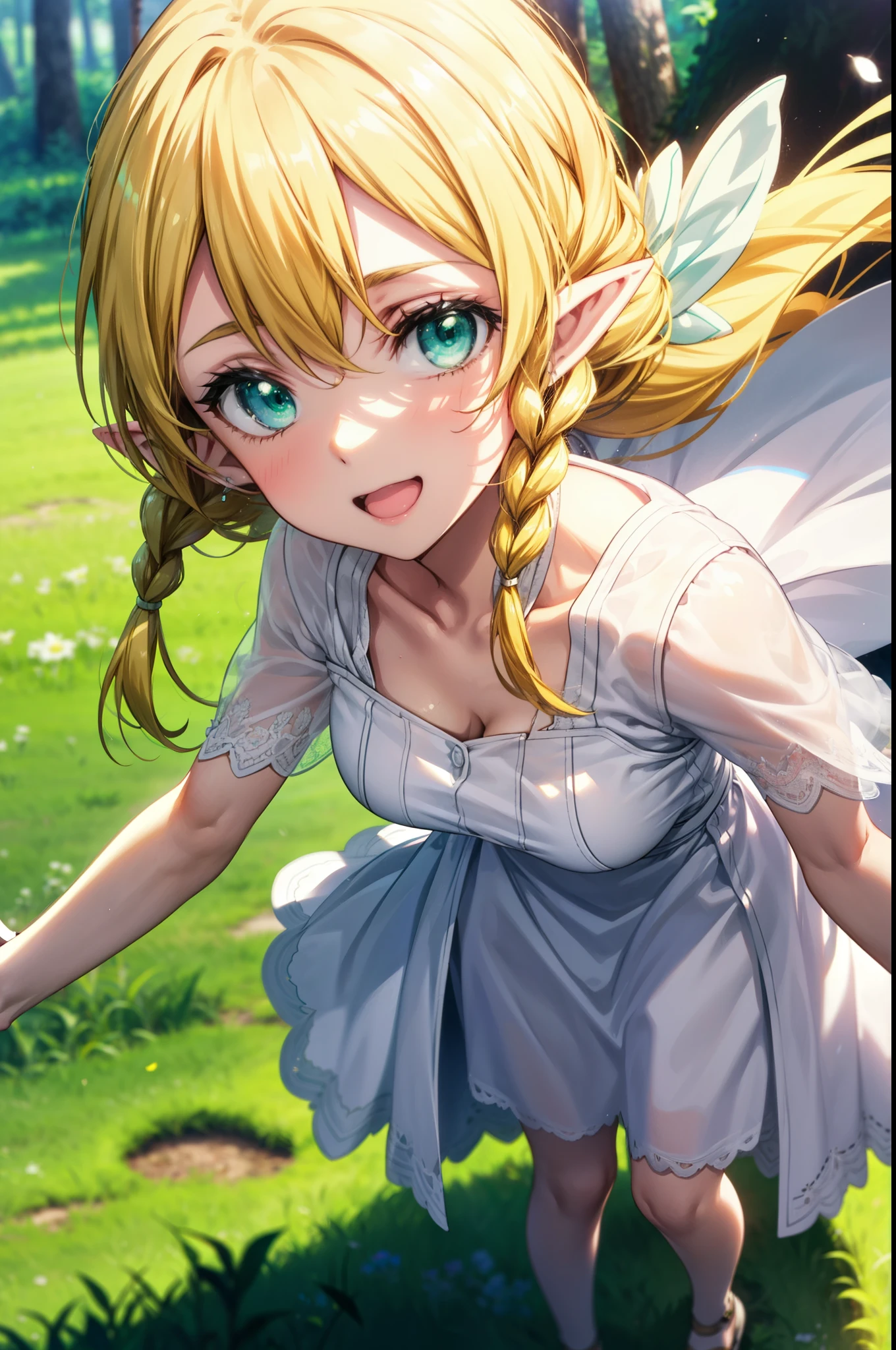 Suguhakirigaya, Suguhakirigaya, Long Hair,Blonde,Green Eyes,Pointy Ears,Short braids,,happy smile, smile, Open your mouth,Big Breasts,White straw hat,White sleeveless dress, bare arms,Green long skirt,Cute Sandals,Are standing,Clear skies,whole bodyがイラストに入るように,
break outdoors, nature, forest,
break looking at viewer, whole body,
break (masterpiece:1.2), Highest quality, High resolution, unity 8k wallpaper, (shape:0.8), (Beautiful attention to detail:1.6), Highly detailed face, Perfect lighting, Extremely detailed CG, (Perfect hands, Perfect Anatomy),
