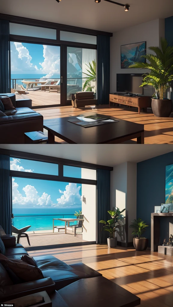 (masterpiece,Highest quality:8K) Close-up of a living room with large windows and ocean view, Digital rendering by Android Jones, Trending on pexels, Maximalism, Relaxing environment, Tropical regions, HDR Rendering in Unreal Engine 5, Unreal Engine 5 rendered, Unreal Engine 5 8k rendering, Summer Unreal Engine 5, Close to real nature, Realistic Unreal Engine 5