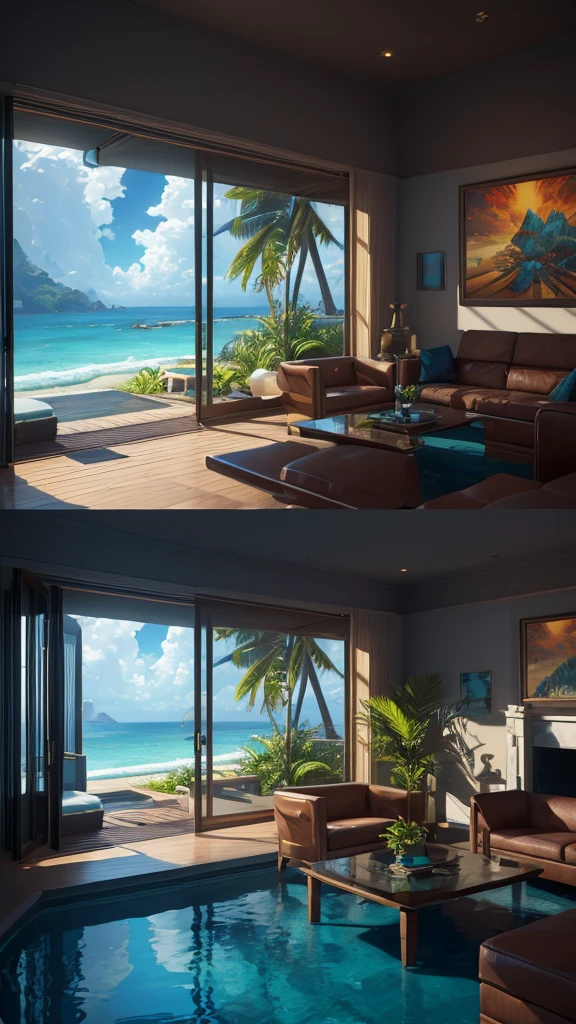 (masterpiece,Highest quality:8K) Close-up of a living room with large windows and ocean view, Digital rendering by Android Jones, Trending on pexels, Maximalism, Relaxing environment, Tropical regions, HDR Rendering in Unreal Engine 5, Unreal Engine 5 rendered, Unreal Engine 5 8k rendering, Summer Unreal Engine 5, Close to real nature, Realistic Unreal Engine 5