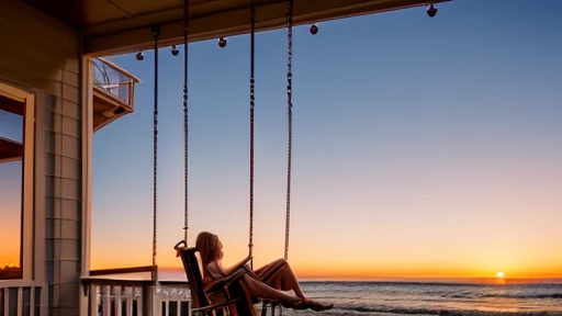 Santa Monica Sunset、Peach view terrace、Falling asleep on the porch swing listening to music with headphones、Beautiful adult woman、Car with surfboard、The woman&#39;s dog is sleeping next to her.、Turn your face away, Super Resolution, Ultra high definition, Sunset Light, Palm palm