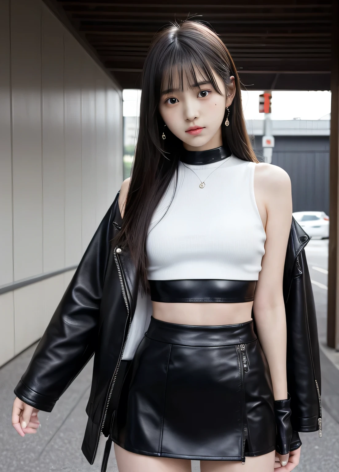 Actual 15-year-old Japanese girl wearing Black leather skirt, High resolution, Soft Light,1 Female, alone, Hips up, (Detailed face), Wear jewelry,wear(Black leather skirt+White midriff-revealing outfit+leather jacket),biggest,Low chest, long hair、((Scenery under the skirt))、((mix4))、((external々Farbe付きのパンティー))、((Farbe々Farbeのついた髪))
