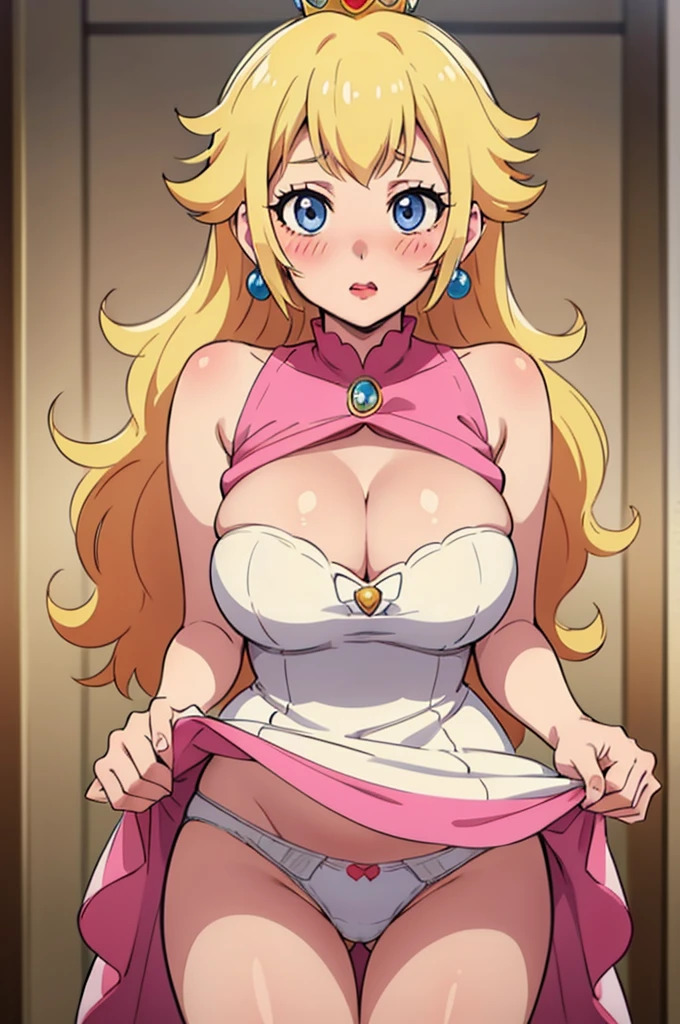 best quality, high resolution, large breasts, cleavage, white wedding dress, dress lift, panties showing, blonde hair, long hair, blush, embarrassed, cowboy shot, looking at viewer, princess_peach, pink lip