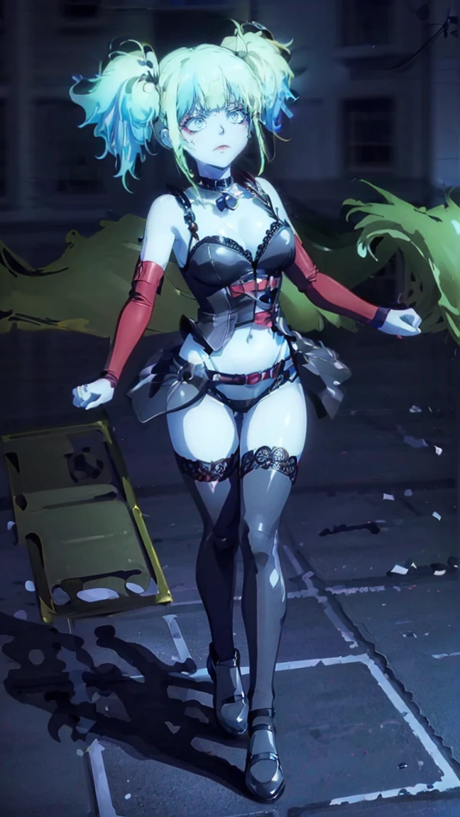 masterpiece, Best quality, Super detailed, illustration, beautiful detailed eyes, ((distant view, wide angle 1.31)), On the outside, young woman, Harley Quinn, intricate design, complex shaped lace tights, two hair tails (blue and red tail), sexual, Face to face, split, full length (full body 1.1.), very feminine, fighting stance, (masterpiece), magic photography, Spectacular lighting, Photorealism, ultra detailed, intimate portrait composition, 1. 4,8 k UHD, aesthetic, Cd., A high resolution, 8 k, better lighting, Best shade, Ultra-HD, A high resolution, sharp focus, Complex background, Cinematic lighting, ((Landscape view)), 4K block, (better lighting), ((Cinematic lighting)),