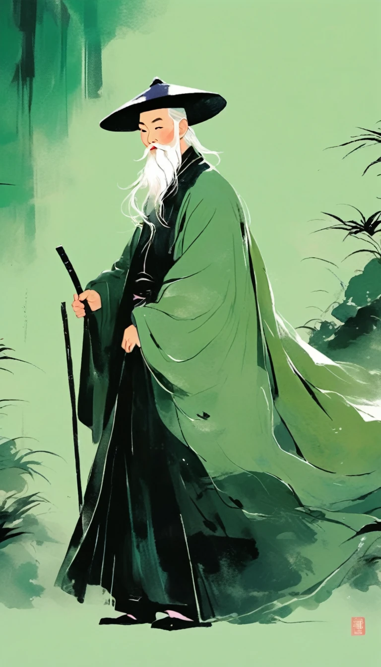 Chinese Posters, The illustration depicts a figure in a light green robe in the style of Chinese ink painting.、with a white beard、Man wearing black hat，Light pink background. simple line style，Flat design，Colorful cartoon characters. The main character has clear facial features，High contrast, Painted with bold strokes.