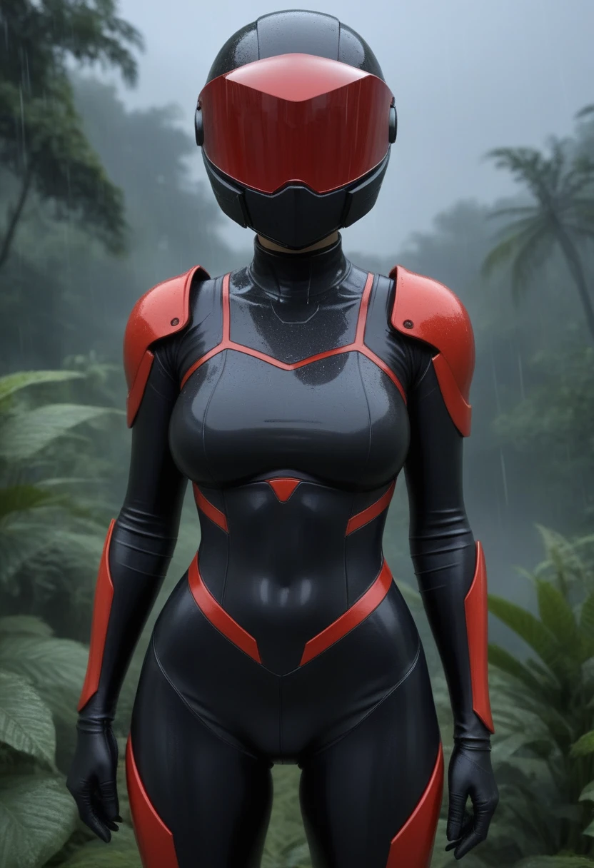 zPDXL, source_anime, BREAK Trilla, helmet with red translucent visor, , armor,black gloves,tight bodysuit,,black pants, BREAK close-up, solo, standing, front view, medium breasts, , wide hips, BREAK x3dce, 3d, jungle background, dense vegetation, rain, night, night sky,
