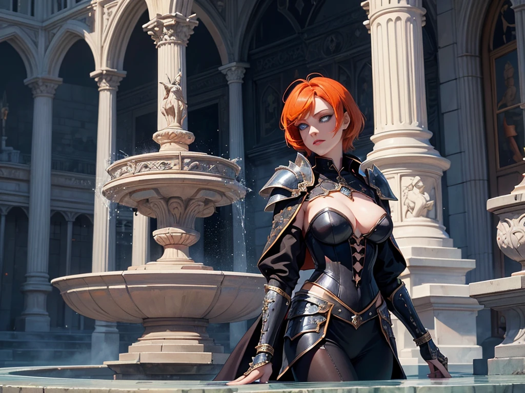 A beautiful and wonderful vampire woman, extremely detailed, short orange hair, wearing extremely detailed gothic armor, blue eyes in a fountain with statues in a medieval public square, palace, crepúsculo, 8k, linda