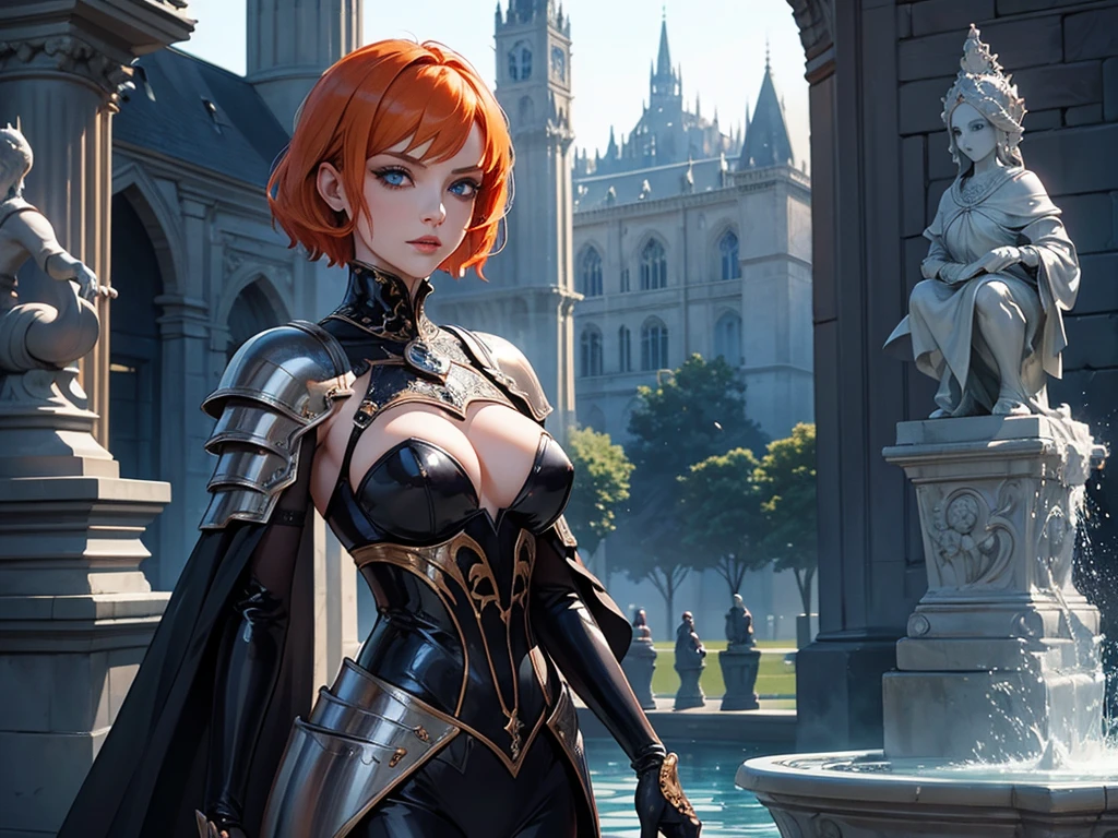 A beautiful and wonderful vampire woman, extremely detailed, short orange hair, wearing extremely detailed gothic armor, blue eyes in a fountain with statues in a medieval public square, palace, crepúsculo, 8k, linda