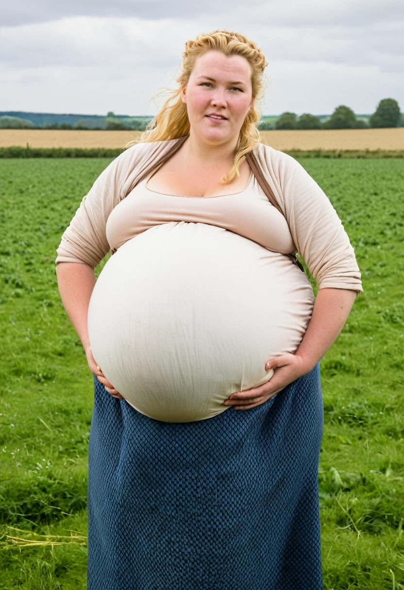 England, 1349. A young extremely obese pregnant ((((30-year-old)) Gwenda)), strong, rustic, in a farm field, ((scared and relieved expression)). ((((clothings from the 1340s)))), ((blond hairstyle of the 1340s))