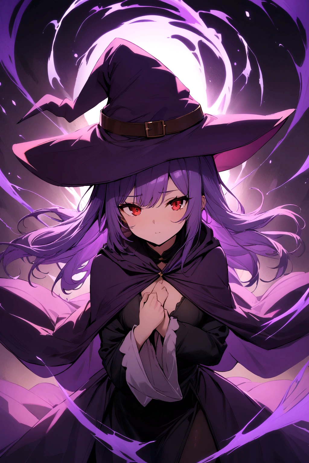 masterpiece, best quality, purple hair, red eyes, witch hat, flowing thick purple aura