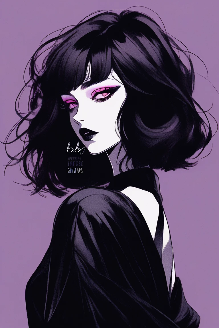 (Highest quality, sketch:1.2),Realistic,Illustrator,anime,1 Girl, Detailed lips, Black Dress 8,custom, (Background dark monochrome),Neon Hair,Texture Cropping, masterpiece, Style: Retro Classic, Dark Black, art, sketch book, (Bob Hair Black:1.75 Neon:1.32), bad woman , Dark Shadows