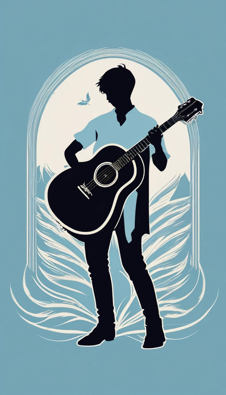 A minimal, modern, simple, cinematic logo design for the brand “Penamemoria". The logo design must be a simple, silhouette of a boy, standing up, playing acoustic guitar and fantasy feather by his side. The logo must convey a sense of music, stories, memories and dreams. Logo design impressed on a book cover. Minimalistic logo. Light blue, white and soft golden as colors for the logo design
