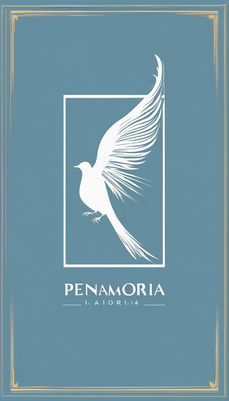 A minimal, modern, simple, cinematic logo design for the brand “Penamemoria". The logo design must be a simple, silhouette of a boy, standing up, playing acoustic guitar and fantasy feather by his side. The logo must convey a sense of music, stories, memories and dreams. Logo design impressed on a book cover. Minimalistic logo. Light blue, white and soft golden as colors for the logo design