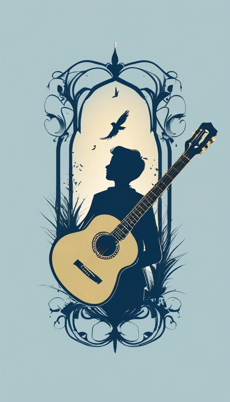 A minimal, modern, simple, cinematic logo design for the brand “Penamemoria". The logo design must be a simple, silhouette of a boy, standing up, playing acoustic guitar and fantasy feather by his side. The logo must convey a sense of music, stories, memories and dreams. Logo design impressed on a book cover. Minimalistic logo. Light blue, white and soft golden as colors for the logo design