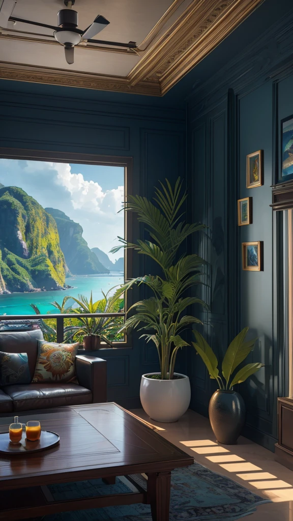 (masterpiece,Highest quality:8K) Close-up of a living room with large windows and ocean view, Digital rendering by Android Jones, Trending on pexels, Maximalism, Relaxing environment, Tropical regions, HDR Rendering in Unreal Engine 5, Unreal Engine 5 rendered, Unreal Engine 5 8k rendering, Summer Unreal Engine 5, Close to real nature, Realistic Unreal Engine 5