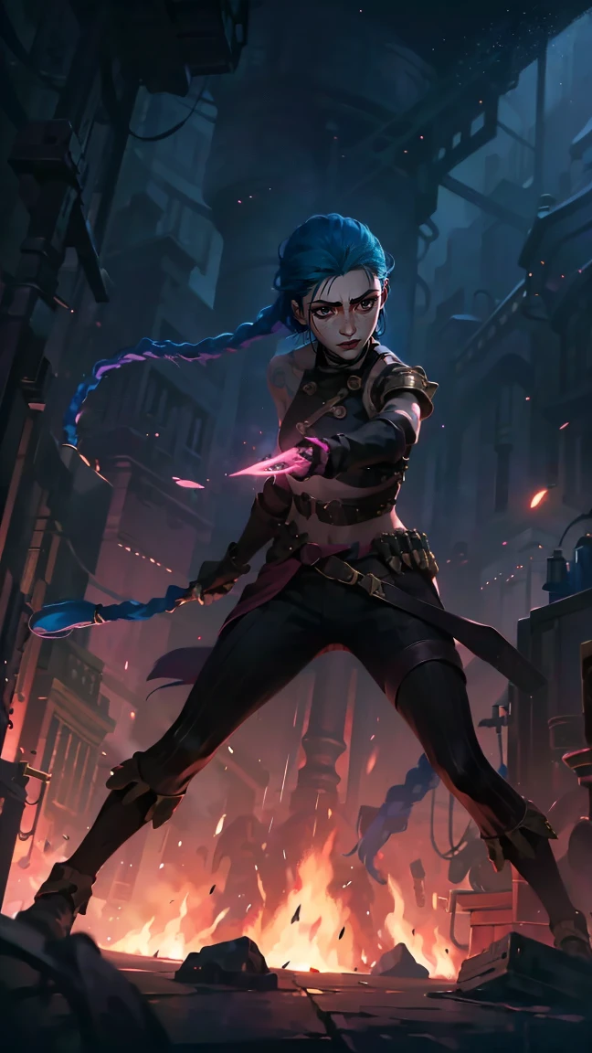 (masterpiece, Best quality), 1 girl, portrait, very sexy, crazy look, smile, crying, pink tears, tears on the cheeks, tears from eyes, full length (full body 1.1.), очень feminine, fighting stance, battle, fire, explosions, burning city, Beautiful waist, gloomy composition, flame, fire, Flash, very beautiful, feminine, long hair, hair braided in long braids, very sexy, tight leather pants, emphasis on the eyes, face accent, Beautiful face, Hands, Hair, Haired ponytail, red purple eyes, Джинкс crying, Blue cloud tattoo, (masterpiece, Best quality), Side lighting, beautiful detailed eyes, crazy face), (Best quality), (masterpiece), magic photography, Spectacular lighting, Photorealism, ultra detailed, интимная portraitная композиция, 1. 4,8 k UHD, aesthetic, Cd., A high resolution, 8 k, better lighting, Best shade, Ultra-HD, A high resolution, sharp focus, Complex background, Cinematic lighting, ((Landscape view)), 4K block, (better lighting), ((Cinematic lighting)),