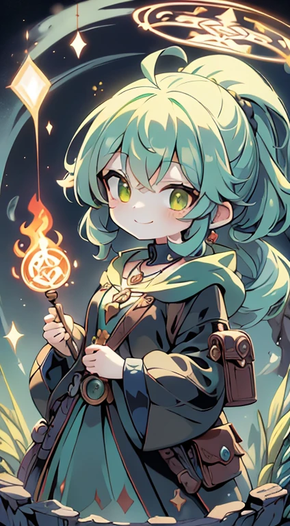 Colorful portrait illustration, (attractive female as a Wizard, ponytail, wear_length_Flowing_green_Complicated_embroidery_Wizard_Robe), (necklace, Pouch, belt, smile, Very detailed face, masterpiece, Highest quality), Very detailed, (In the dungeons), magician_Grams, (A large, glowing circle of runes), Fire and Ice, Casting a Spell, Ultra-high resolution, Alexandre Karame、Alyssa Monks、Shigeru Ban