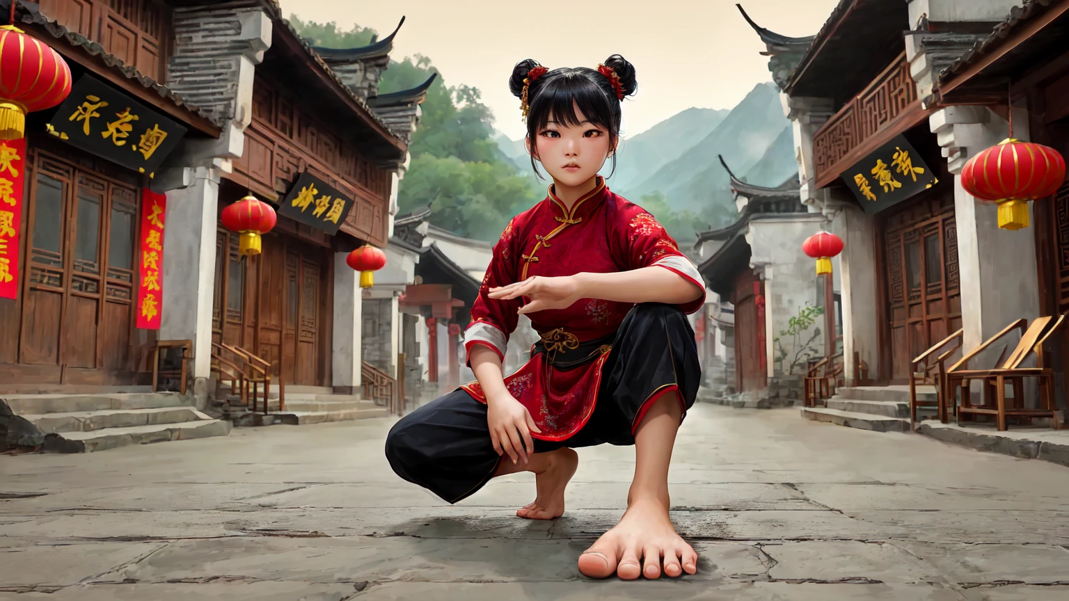 Young Chinese girl in a martial arts pose on a traditional street in an ancient Chinese village. She has straight black hair styled in two high buns. She is wearing a red tunic with gold embroidery, traditional Chinese buttons, and cream-colored inner lining on the sleeves. Her pants are black and loose, typical for martial arts. The street is paved with stone and lined with traditional Chinese architecture buildings, featuring wooden walls, grey-tiled curved roofs, red lanterns with golden Chinese characters, wooden chairs by the roadside, and red banners with golden inscriptions. She is in a low stance, one knee bent, the other leg extended, pointing forward with her right hand, bare feet. Slight mist among green mountains in the background. Vibrant but natural colors, realistic style.