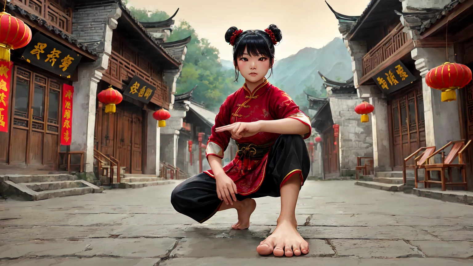 Young Chinese girl in a martial arts pose on a traditional street in an ancient Chinese village. She has straight black hair styled in two high buns. She is wearing a red tunic with gold embroidery, traditional Chinese buttons, and cream-colored inner lining on the sleeves. Her pants are black and loose, typical for martial arts. The street is paved with stone and lined with traditional Chinese architecture buildings, featuring wooden walls, grey-tiled curved roofs, red lanterns with golden Chinese characters, wooden chairs by the roadside, and red banners with golden inscriptions. She is in a low stance, one knee bent, the other leg extended, pointing forward with her right hand, bare feet. Slight mist among green mountains in the background. Vibrant but natural colors, realistic style.