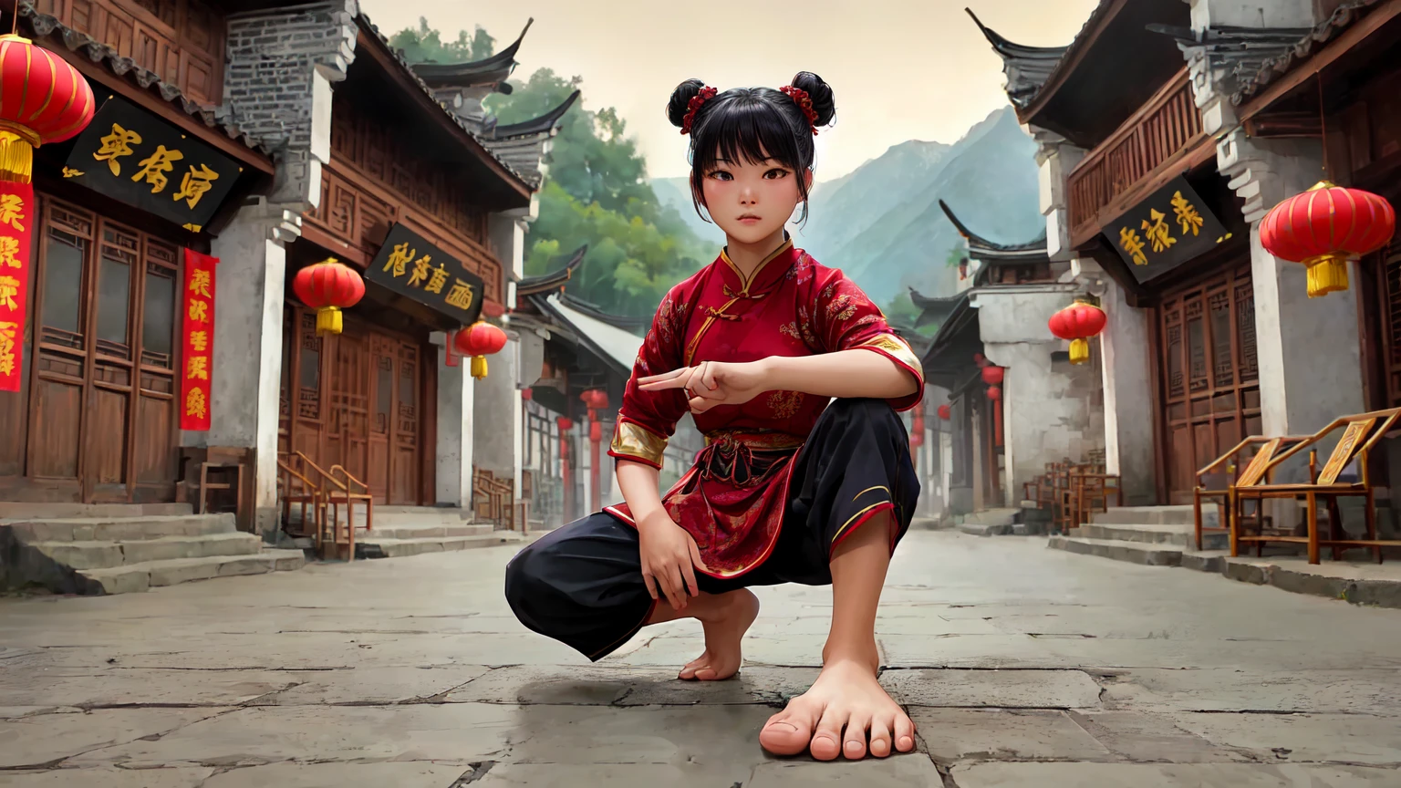 Young Chinese girl in a martial arts pose on a traditional street in an ancient Chinese village. She has straight black hair styled in two high buns. She is wearing a red tunic with gold embroidery, traditional Chinese buttons, and cream-colored inner lining on the sleeves. Her pants are black and loose, typical for martial arts. The street is paved with stone and lined with traditional Chinese architecture buildings, featuring wooden walls, grey-tiled curved roofs, red lanterns with golden Chinese characters, wooden chairs by the roadside, and red banners with golden inscriptions. She is in a low stance, one knee bent, the other leg extended, pointing forward with her right hand, bare feet. Slight mist among green mountains in the background. Vibrant but natural colors, realistic style.