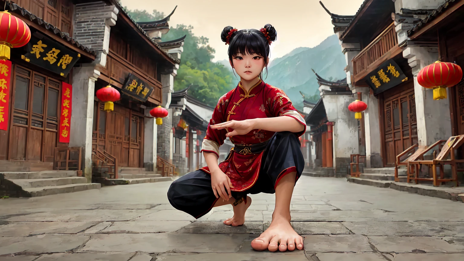 Young Chinese girl in a martial arts pose on a traditional street in an ancient Chinese village. She has straight black hair styled in two high buns. She is wearing a red tunic with gold embroidery, traditional Chinese buttons, and cream-colored inner lining on the sleeves. Her pants are black and loose, typical for martial arts. The street is paved with stone and lined with traditional Chinese architecture buildings, featuring wooden walls, grey-tiled curved roofs, red lanterns with golden Chinese characters, wooden chairs by the roadside, and red banners with golden inscriptions. She is in a low stance, one knee bent, the other leg extended, pointing forward with her right hand, bare feet. Slight mist among green mountains in the background. Vibrant but natural colors, realistic style.