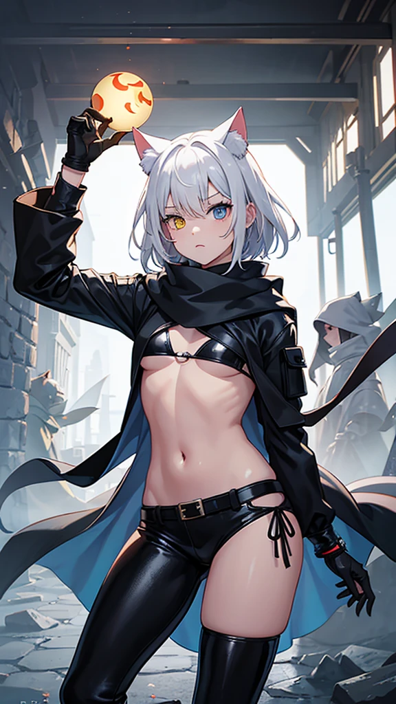 work of art, best qualityer, high resolution, 1 girl, synonym 1, scarf, short hair, mitts, ninja mask, long sleeves, leather pants, White hair, Cat's ears, cat tail, roupas de rogue, leather pants, holding, holding faca, heterochromia, yellow eye, blue eye, 14 eyes old, hooded cloak, rogue rpg, rpg, ninja, ruins, medioval