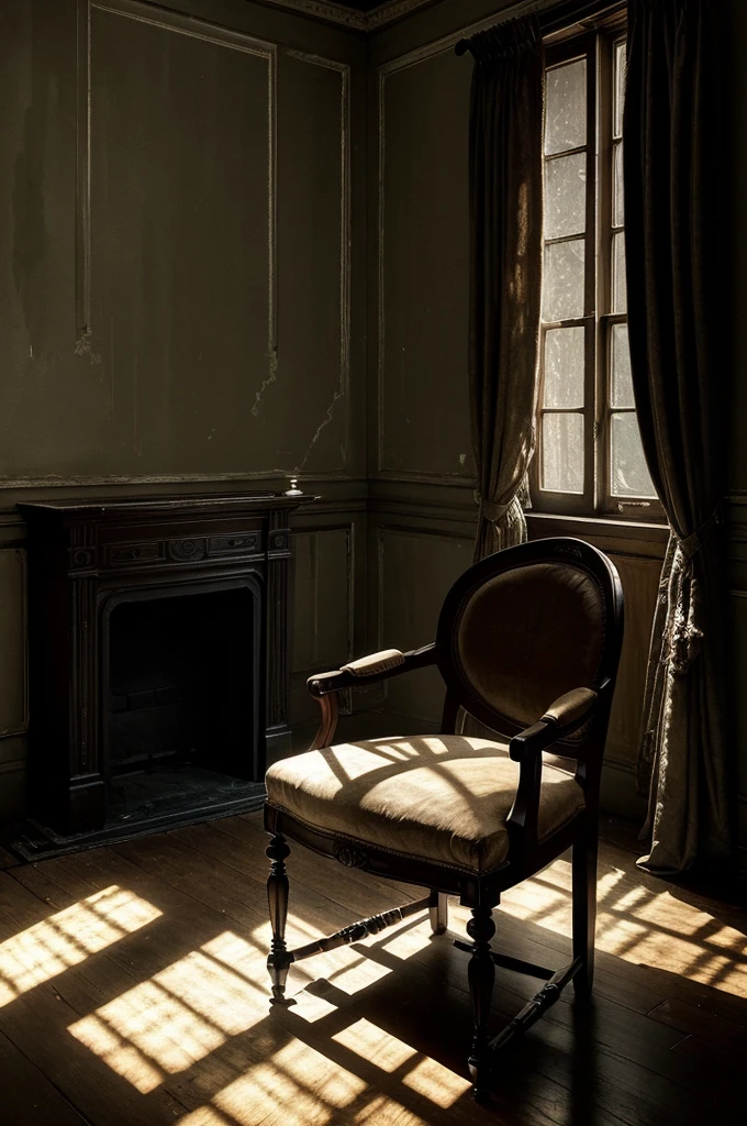 **Image Concept:**
Visualize a dimly lit, eerie room in an old mansion. The room is adorned with vintage furniture covered in dust. In the center, a solitary figure sits on an antique chair, facing away from the viewer, with long, unkempt hair partially covering their face. The figure's eyes reflect a faint glint in the darkness, hinting at a supernatural presence. Shadows play on the walls, enhancing the sense of mystery and fear. The atmosphere is chilling and unsettling, capturing the essence of the haunted room where the protagonist encounters the ghostly entity.