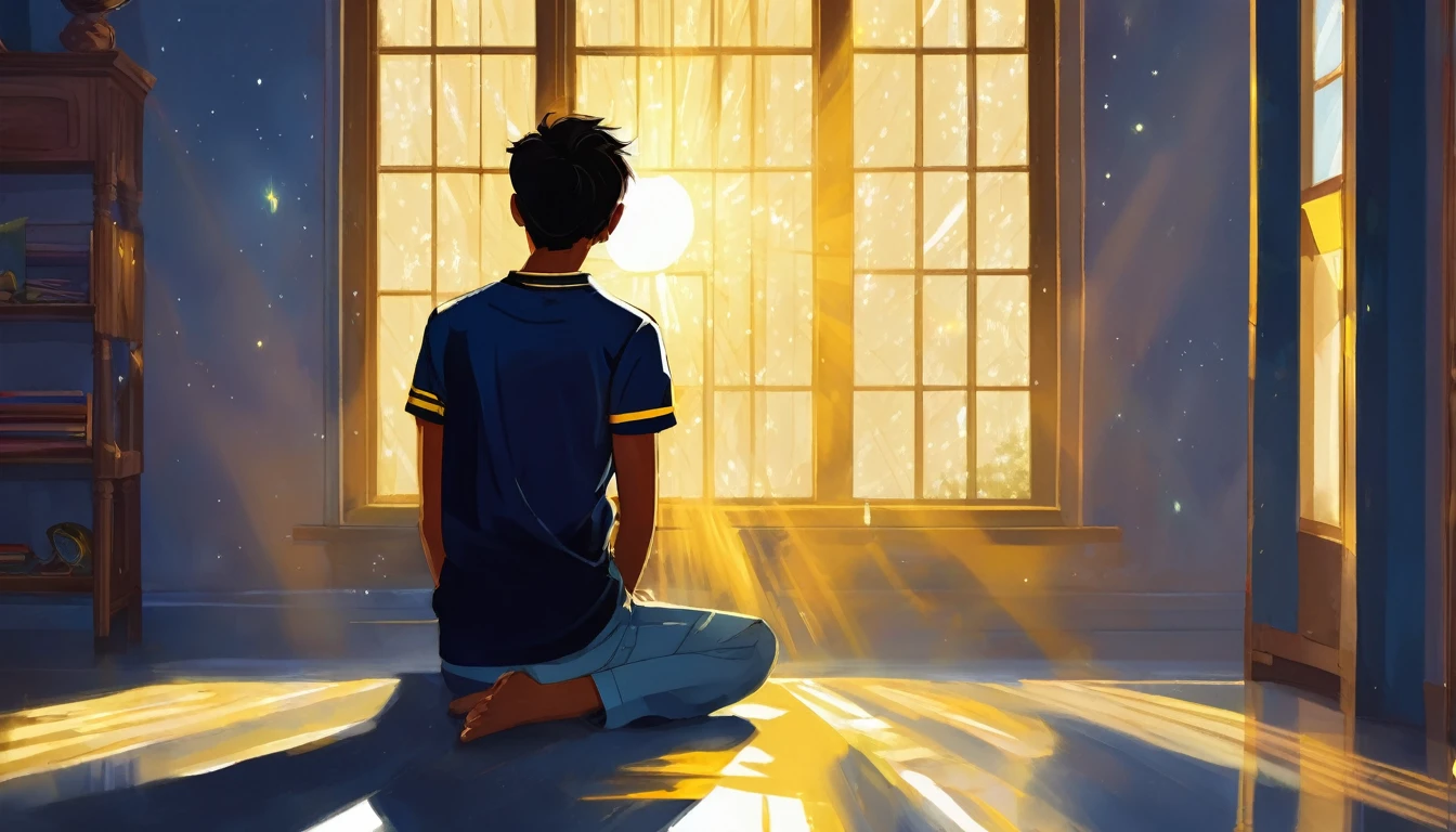 A young indian young man standing near a window, light rays falling on him and light rays falling on the room floor, the boy is deeply thinking about something,digital art, navy blue theme and bright yellow rays of light