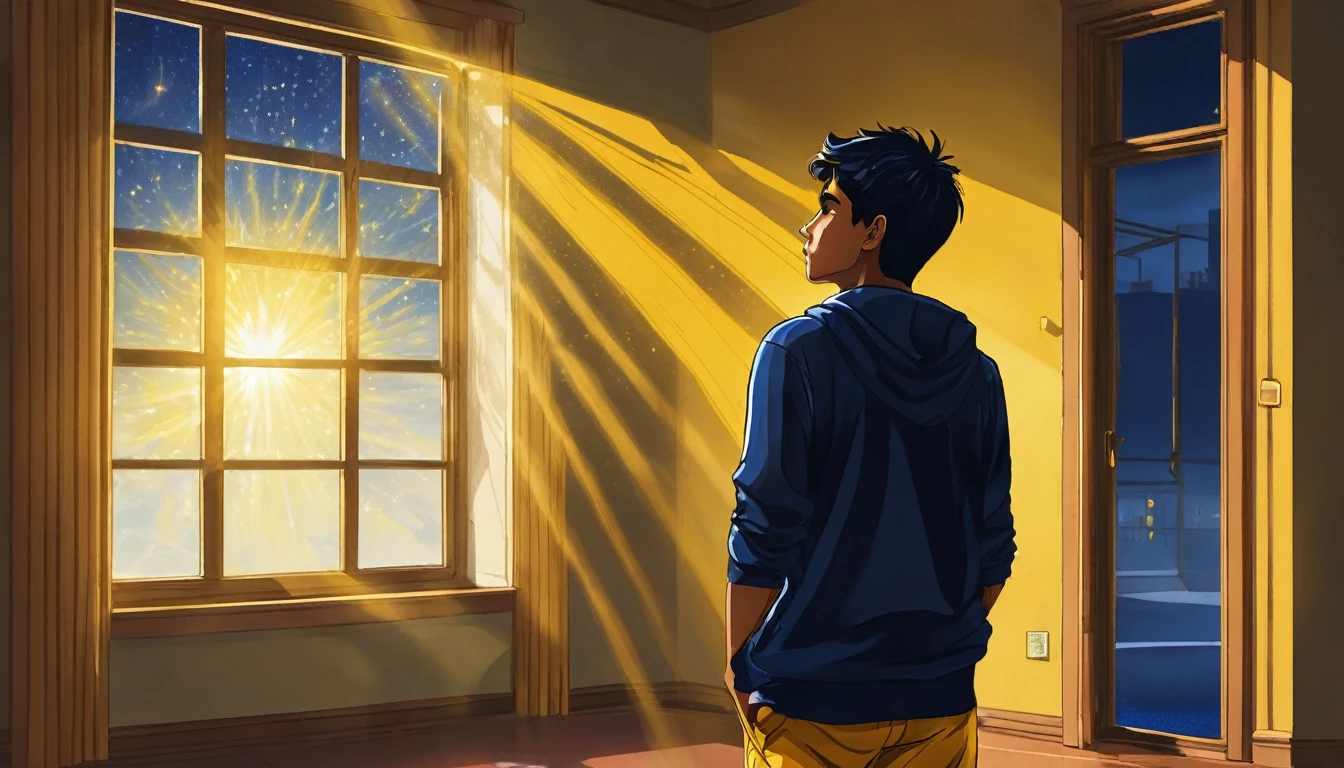 A young indian young man standing near a window, light rays falling on him and light rays falling on the room floor, the boy is deeply thinking about something,digital art, navy blue theme and bright yellow rays of light