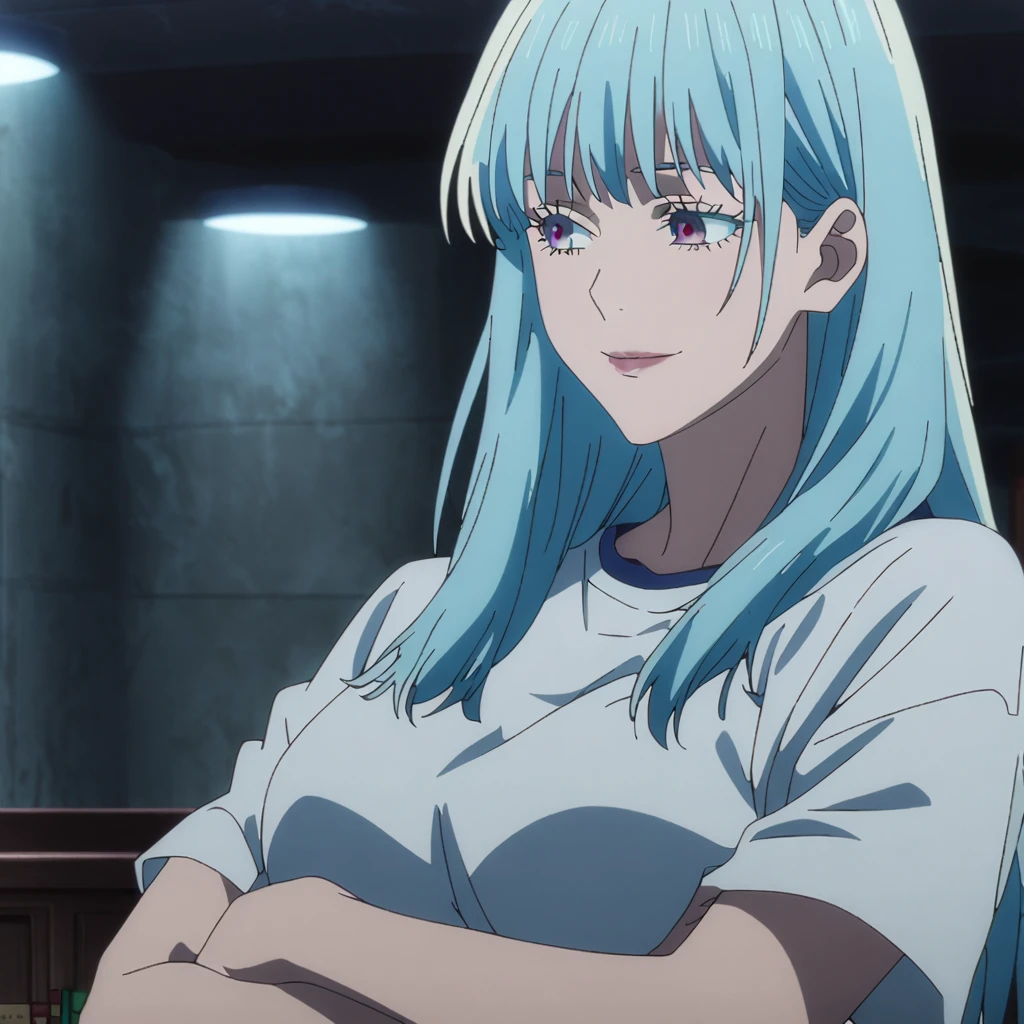 1girl, female gojo satoru, anime screencap from jujutsu kaisen, gojo satoru female version, solo, long_hair, Blue eyes ((Blue_hair)), night view, breasts, upper_body, smile, indoors, book, bangs, red_eyes, lips, (bangs) ((wearing oversized t shirt)) breast, "very detailed and high resolution" (Blue eyes) ((cross arms)) ((long hair)) ((solo)) (front view)
