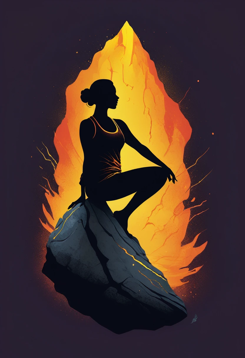 creative logo illustration of a silhouette siting on a gradiant rock magma with yellow glowing cracks and gradiant yellow and orange lava yoga position, gesture, digital art work featuring the word ( YOGA ) by dan mumford, carne griffith, sketch, high definition, negative space, vivid colors, tshirts design